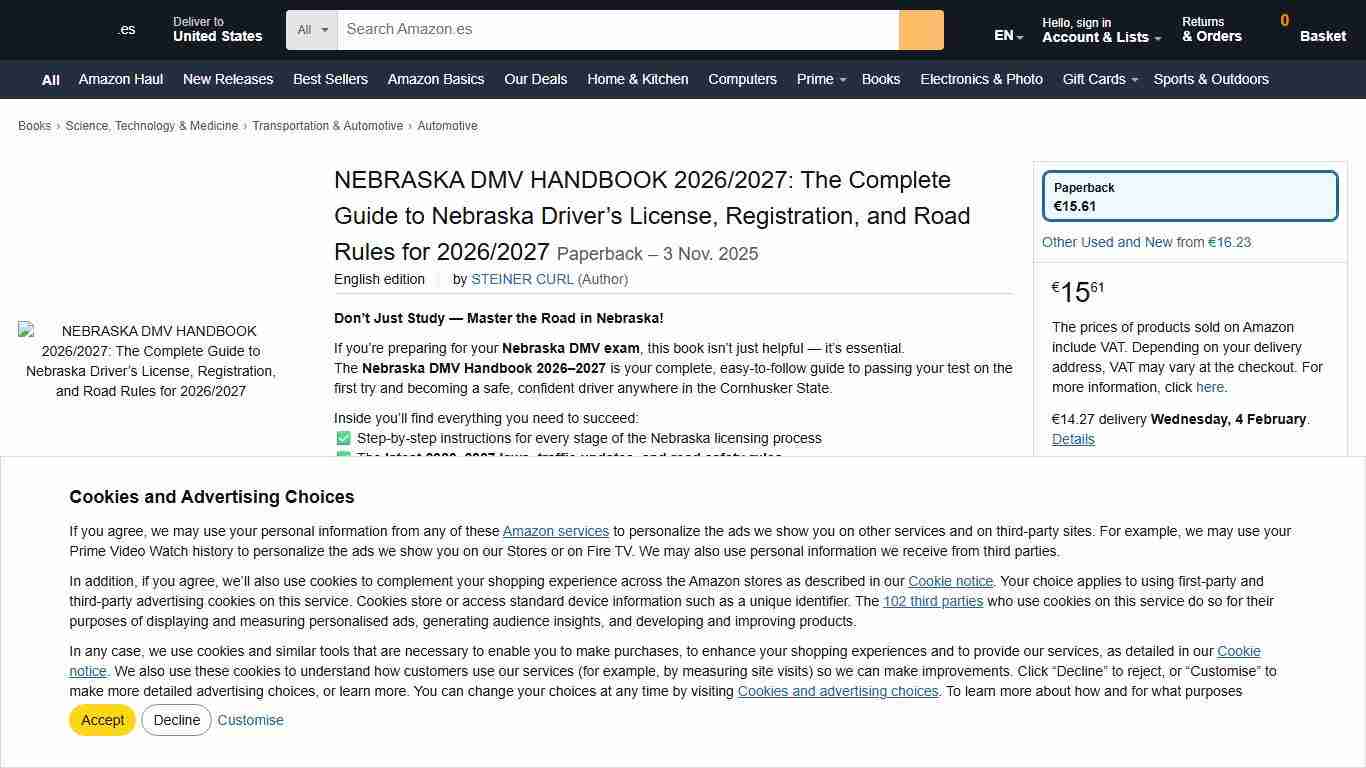 NEBRASKA DMV HANDBOOK 2026/2027: The Complete Guide to Nebraska Driver’s License, Registration, and Road Rules for 2026/2027 : CURL, STEINER: Amazon.es: Books